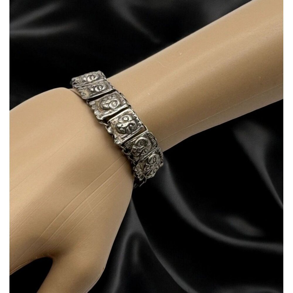 Vintage Tribal Face Panel Bracelet Silver Tone Lion Links Artisan Jewelry